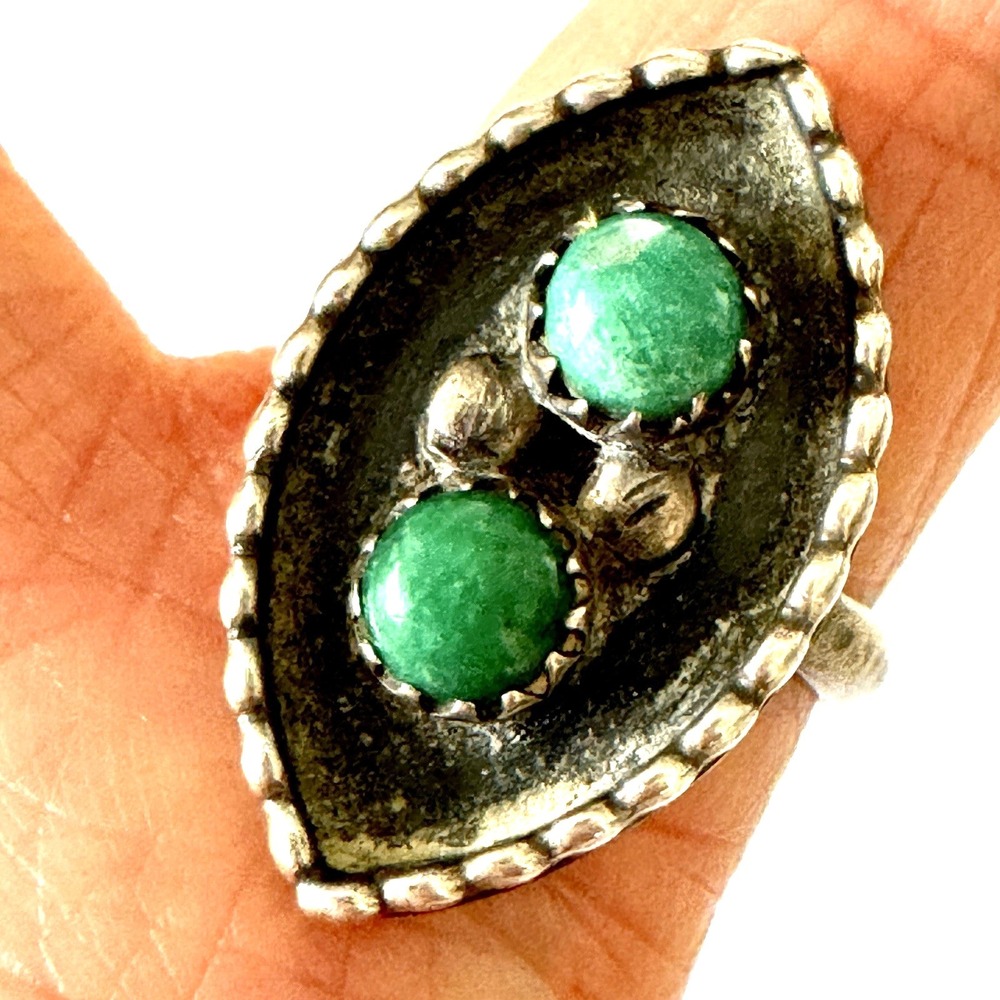 VTG Navajo Marquis‎ Royston Turquoise Ring Sz 5 Sterling 60s Snake Eye Dark Old